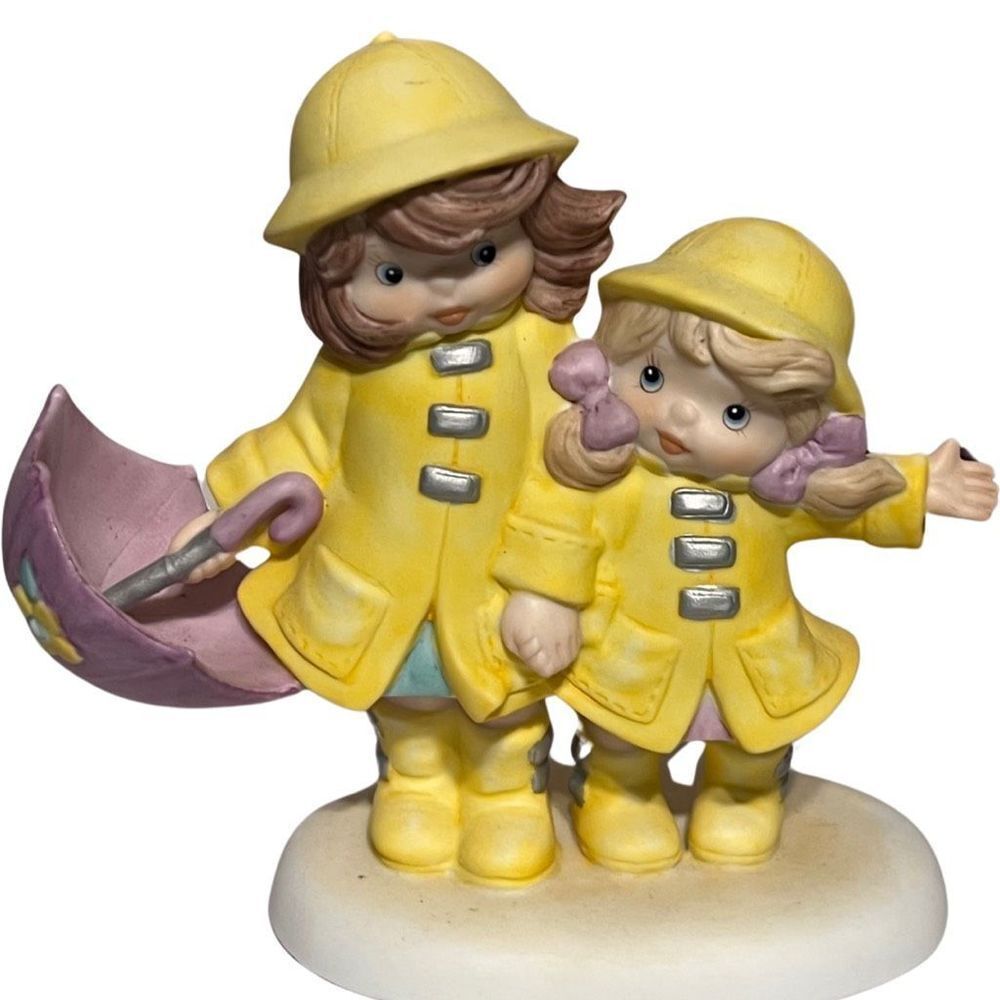 Vintage 93 Enesco Sisters Together Through Rain or Shine Yellow Ceramic Figurine
